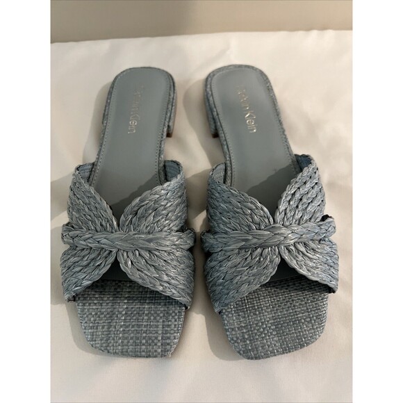 Calvin Klein Raffia Flat Sandals Powder Blue Size 7 - Picture 1 of 13